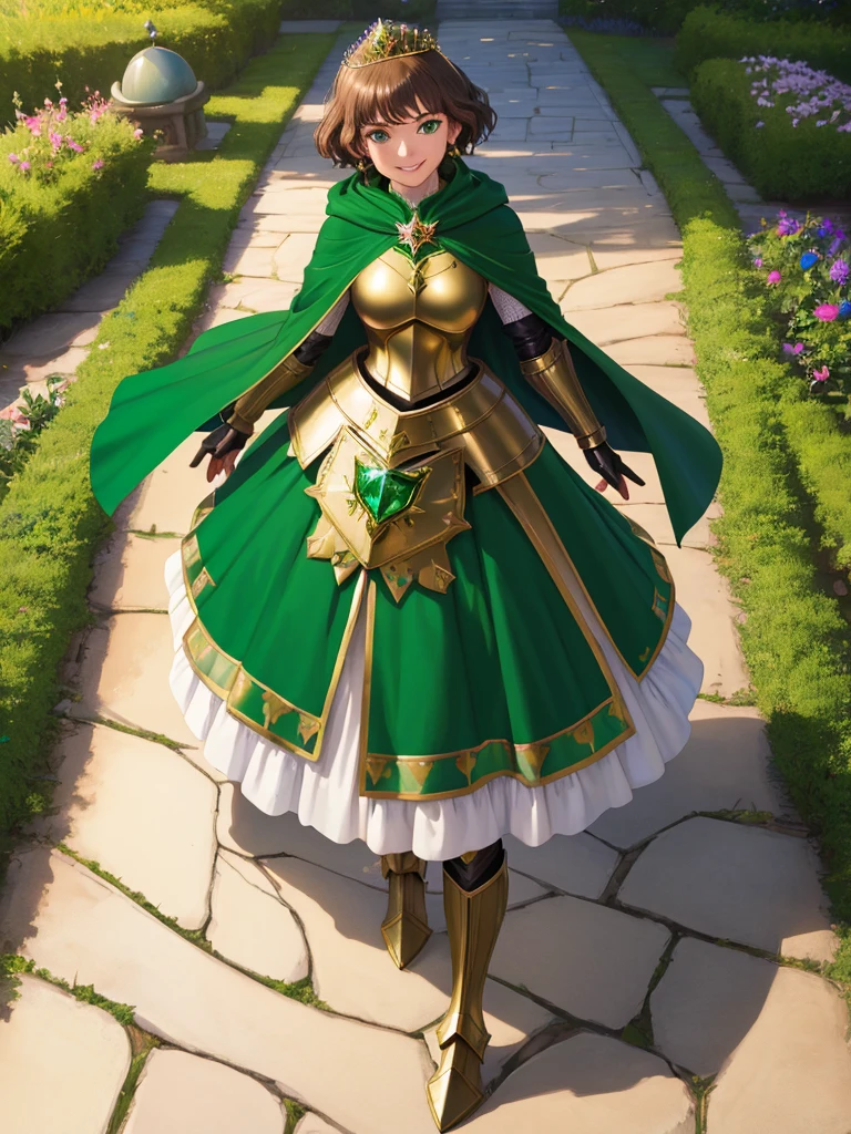 masterpiece, best quality:1.2), 1girl, smile, looking at viewer, green eyes, short brown hair, princess, armor, , pauldrons, armored dress, green cloak cape, wearing puffy blue ballgown skirt, golden tiara with green gem, armored boots, fingerless gloves, standing in medieval garden