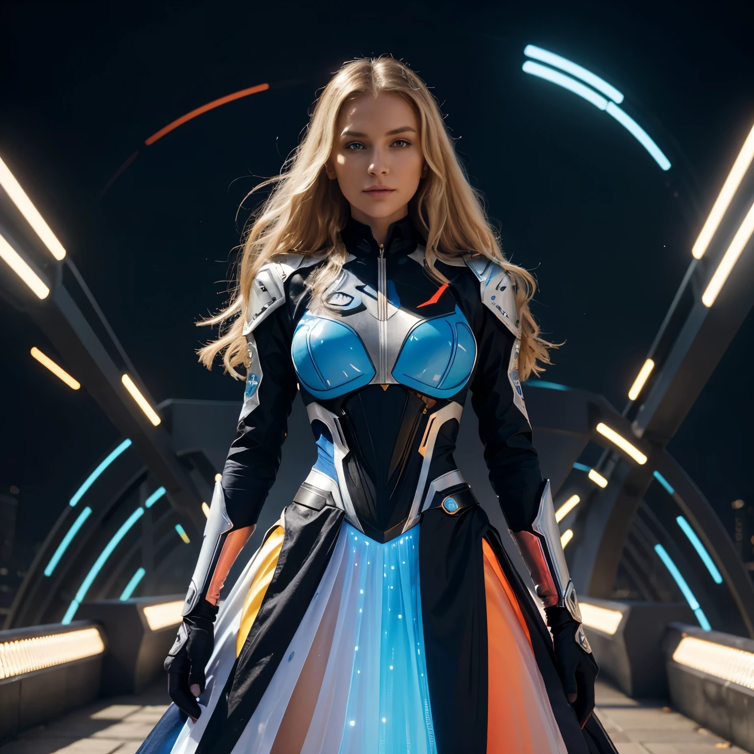 portrait of a woman 30 years old white woman she has very long wavy hair, she has blond hair, blue eyes, slim face and nose, slim, futurist royal dress and crown, she's holding a stall, mix of armor and dress, futurist crown with lights and diamonds, colorful vectors, dynamic lines, geometric shapes, gradient colors, futuristic, digital art, high-tech, vibrant hues, 3D rendering, complex design, symmetrical patterns, sun lights, glowing effects, sharp edges, vector graphics, vector art, motion blur, vector illustration, smooth curves, precise angles, precision rendering, modern aesthetics, sleek style, innovative composition, high-contrast, energy, kinetic, digital brushstrokes, surreal, chromatic aberration, artistry, professional quality, ultra-detailed, vivid colors, vibrant atmosphere, dynamic perspective