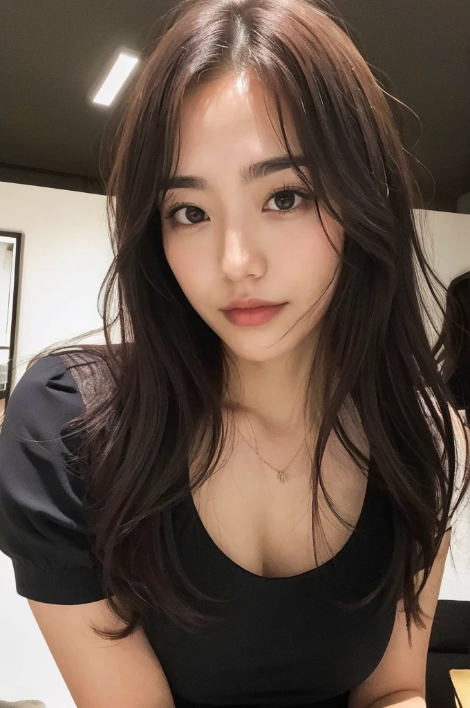 prospect: Gorgeous Woman ,. She is playing with the camera with a faint smile.., (In the Dark), , Perfect Eyes, Perfect hands, Perfect body, Perfect very long hair, Accurate身体, masterpiece, Accurate, Anatomically correct, Rough skin, Very detailed, Advanced Details, high quality, 最high quality, High resolution, 16K, 8K, Looking into the camera,Bold mini dress、Thighs、Thighsまで伸びた髪、Beautiful Hair、Beautiful Hair、shiny hair