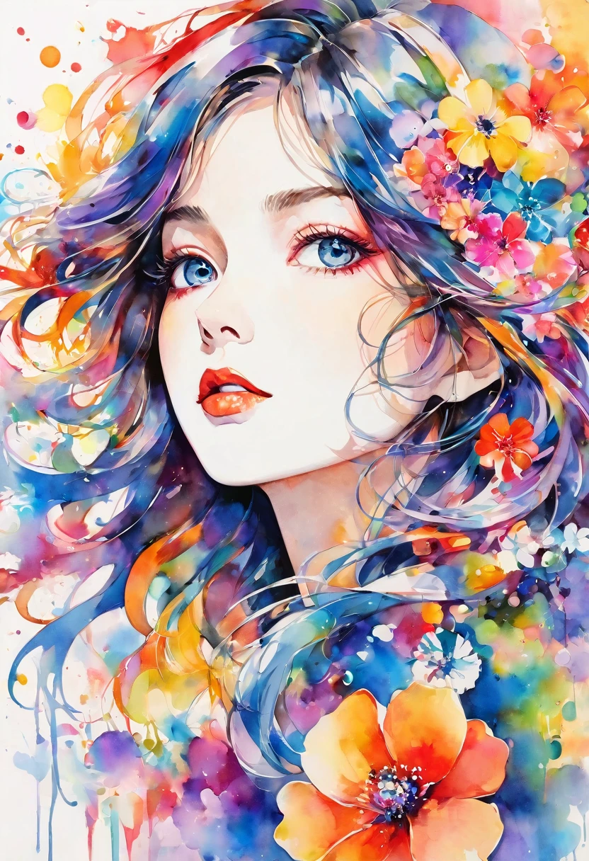 Beautiful woman portrait, Sylvia Pelissero watercolors, Colorful flowers、Beautiful Eyes、 Abstract art, Intense watercolor, Watercolor detailed art, Watercolor splash, Surreal, Avant-garde pop art, Beautiful and expressive paintings, Beautiful artwork illustration, Very colorful tones, wonderful, Cool Beauty, Highest quality,Official Art, women only, Sharp contours, Best Shot, Vector art, Lips in Love、 (((The most beautiful women in history))), (((Japanese)))、clear, (((Highest quality))), Lips in Love, High resolution, ((Detailed explanation)), Stylish Fashion, Detailed garment texture, (((Graffiti art))), Colorful Hair, ((masterpiece))、((Very detailed))