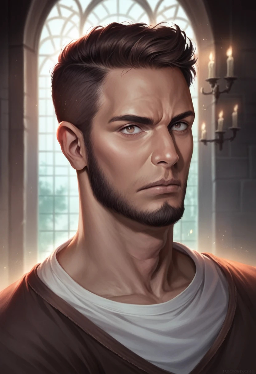 1 man, inside a castle room, wearing a simple medieval shirt, detailed facial features, beautiful dark and masculine eyes, detailed brown skin, slightly long dark brown hair, strong expression, dramatic lighting, cinematic composition, warm color palette with dawn lights overtaking, atmospheric fog, strong chin, virile man, muscular man, shaved beard, manly and wild appearance, face with intimidating expression (best quality, 4K, 8K, high resolution, art: 1.2), ultra-detailed, ( realistic, photorealistic, photorealistic: 1.37)