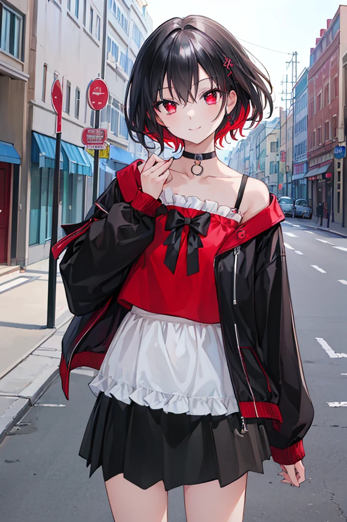 (masterpiece, highest quality, highest quality, (No text), Beautiful and aesthetic:1.2),No text,アニメ、BREAK,One Girl，Black Hair Girl　short hair　older sister　choker　Tree Eyes　Beautiful eyes　Red eyes　cool　smile　Red and Black　Black jacket　mini skirt　whole body　In town