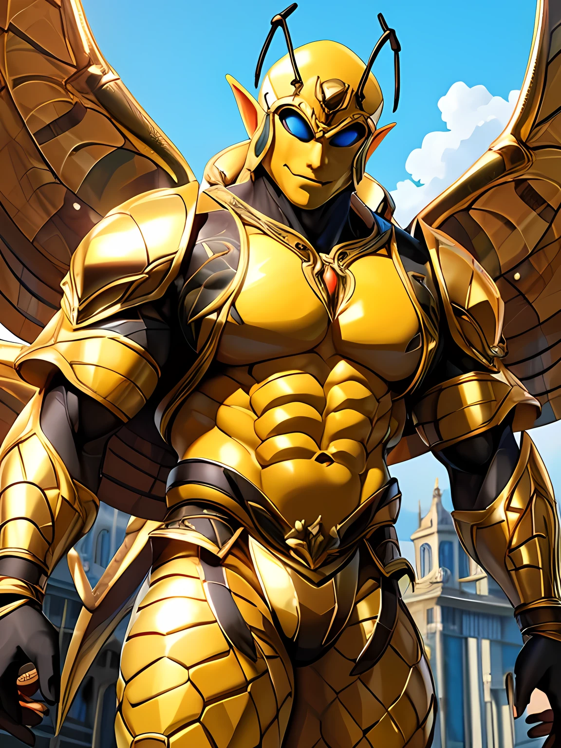 ((absurdres)) perfect whole body, ultra photorealistic, top quality, Photorealistic, ((16k UHD)) High Definition, high-res, ultra sharp, masterpiece, the best quality, intricate details, detailed eyes, perfect face detailed face, (((in a capital city town))) orange goggles, masterpiece, highly detailed exquisite character art, perfectly detailed anatomy, detailed body, detailed pecs, hyper pecs, thick thighs, (((sunny weather))) (((natural lights))), ultra-realistic, (((1male))) ((tall muscular man male humanoid)), bald, humanoid yellow skin, bee anatomy, deity, god of honey bees, humanoid black & yellow skin tone, yellow hue, powerful humanoid appearance, compound eyes, stinger, abdomen, metallic scales, scales. Metallic armour, wings, elf ears, glossy skin, large smirking face, flying in the sky, mandibles, Antenna, honey, ((male muscular stripe black & yellow humanoid insect honey bee)) (((yellow skin))), (((black skin))) 