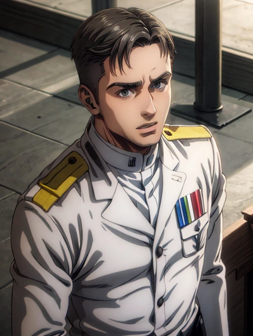 35 years old man, military hair, gray eyes, White military uniform, quartel general