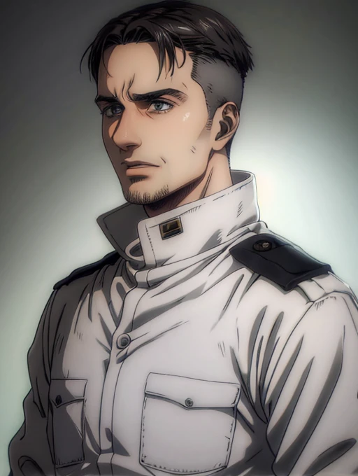 35 years old man, military hair, gray eyes, White military uniform, quartel general
