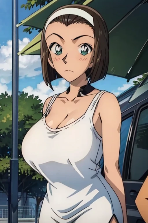 looking at the camera、When I Look at You、lookatviewer、Anime Style、Eroge、1 Girl,  (Huge breasts), (Tight white camisole dress)、Low Angle、Brown haired, hair band、Bob Hair、The forehead is visible、blush,The whole body is visible:1.5、Dolphin Shorts、Cleavage、O-neck