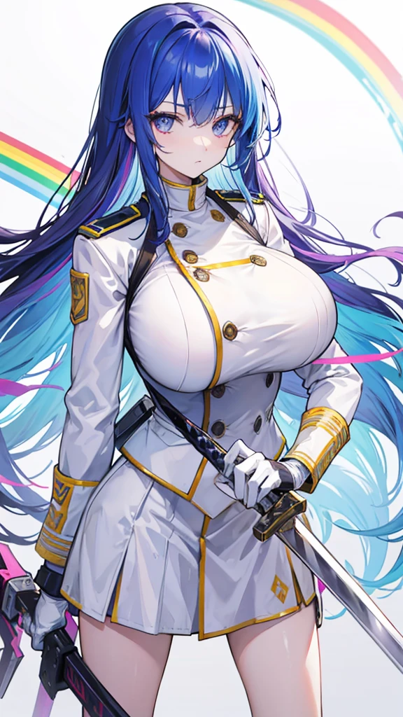 rainbow colored hair, expressionless, neat white uniform, A huge sword in both hands, very large breasts