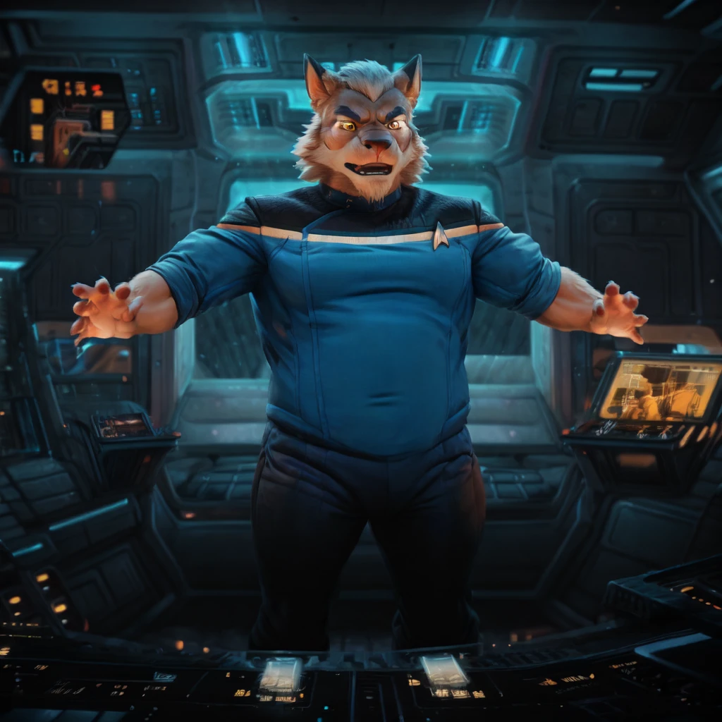 (((Barefoot furry character, full body, cinematic setting, furry male, plantigrade))) 
((Totoro)), studio ghibili, furry, big, fat, whiskers, grey skin, claws,
exudes confidence and authority on starship bridge, ((wears star trek lower decks uniform))), ((sttldunf star trek black and blue uniform)), long black pants, black shoulders, muscular figure, dynamic pose, action expression
((Bridge of starship with many screens and consoles)), futuristic look, metalic, bright colors
BREAK, intricate details, highly detailed, extreme detail, octane render, fine art, best quality, highres, (detailed face:1.5), ((full_body)), UHD, (((perfect hands))), ((low light:1.5))