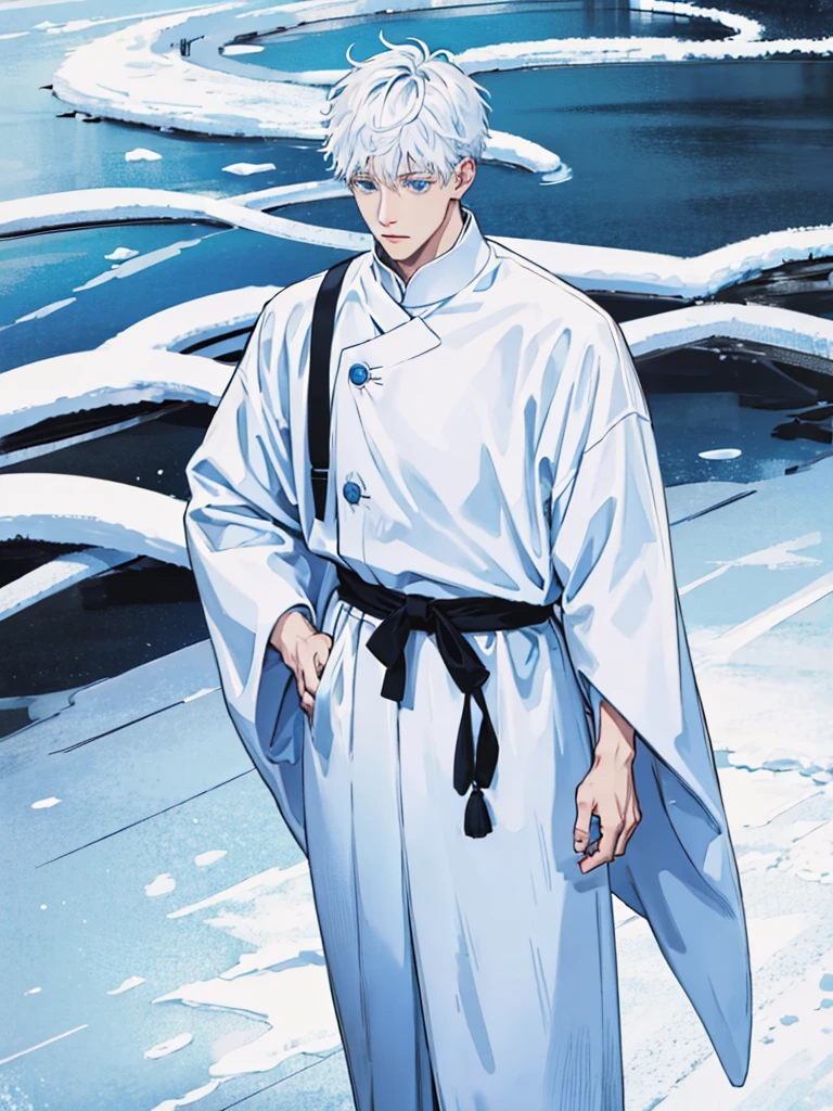 Gojo Satoru walk in winter coated in snow ,white hair , blue eyes
