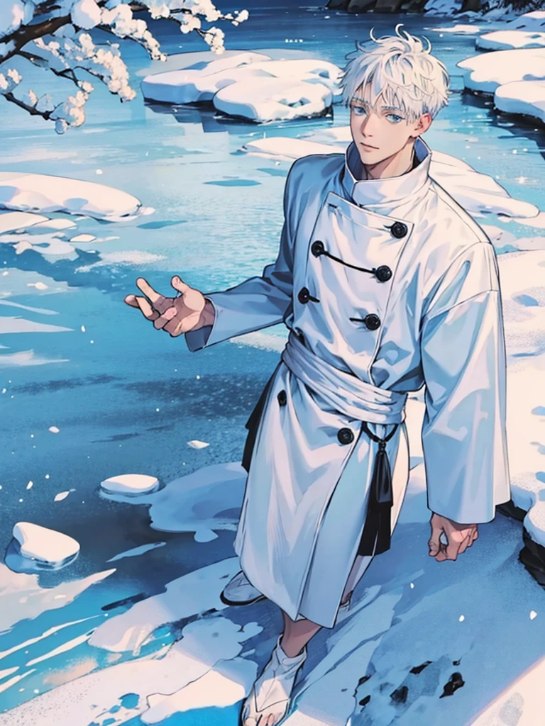 Gojo Satoru walk in winter coated in snow ,white hair , blue eyes