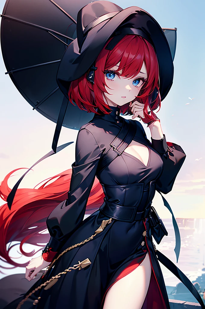 a beautiful girl with red hair wearing a black dress, detailed facial features, bob haircut, woman wearing a long black and red coat, solo character, white background, anime style, highly detailed, photorealistic, 8k, best quality, masterpiece, blue eyes, short hair