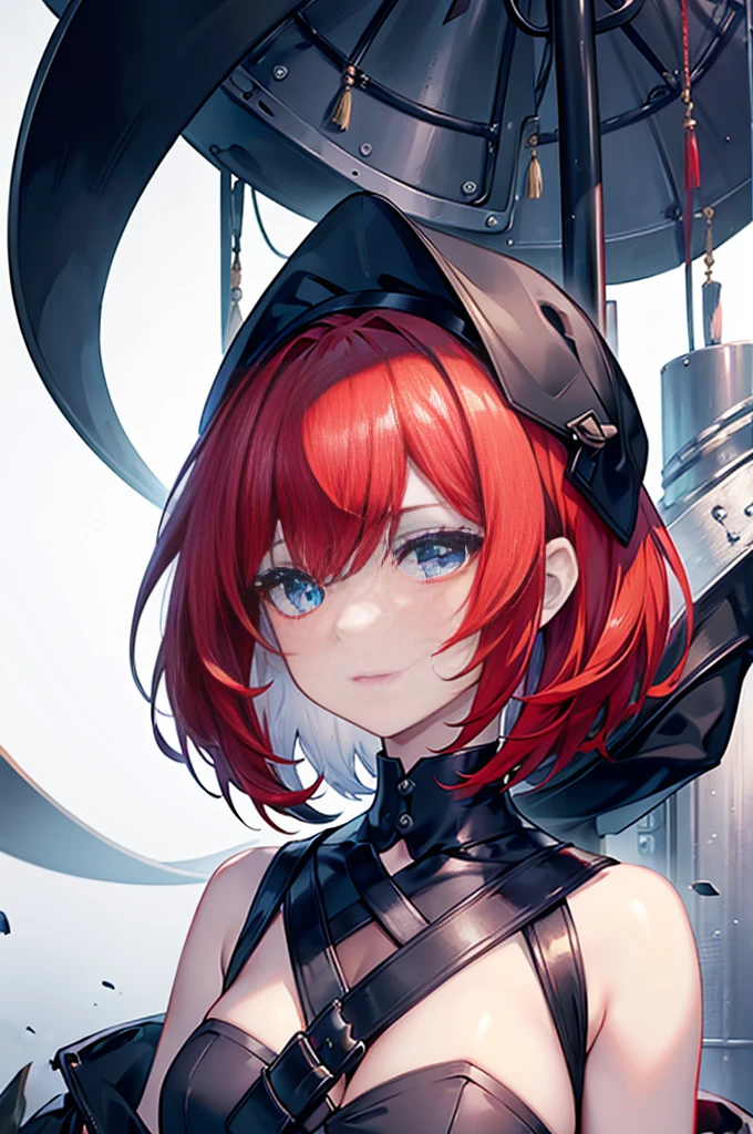 a beautiful girl with red hair wearing a black dress, detailed facial features, bob haircut, woman wearing a long black and red coat, solo character, white background, anime style, highly detailed, photorealistic, 8k, best quality, masterpiece, blue eyes, short hair