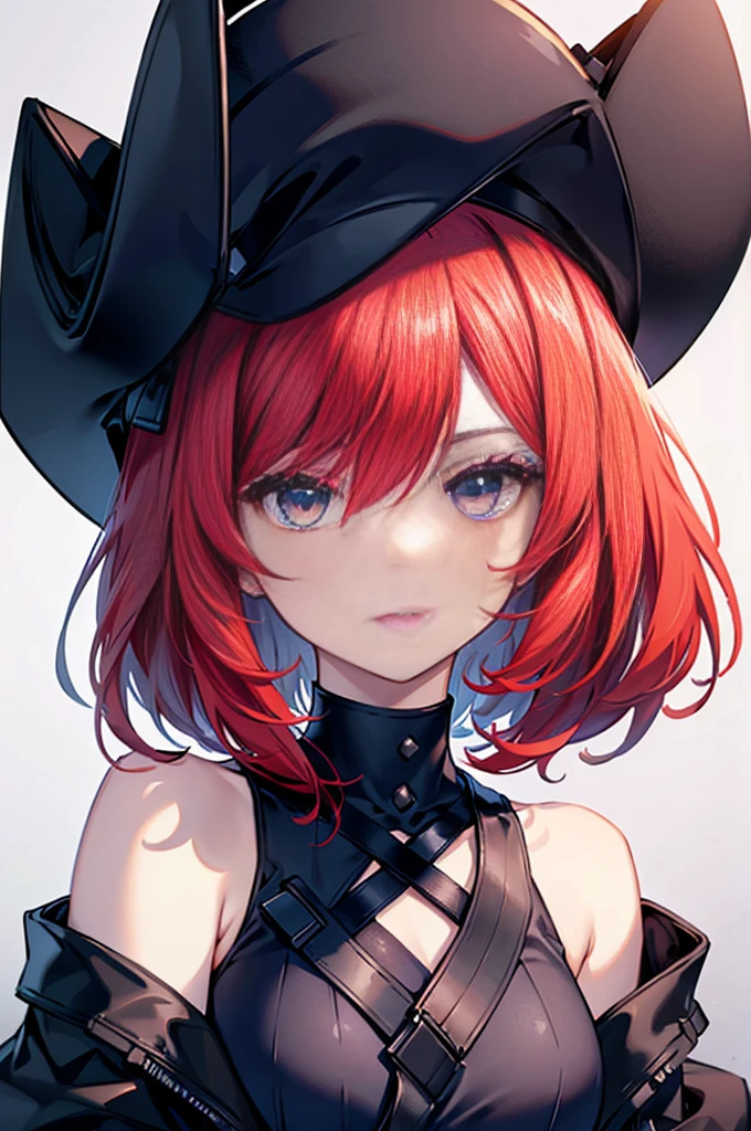 a beautiful girl with red hair wearing a black dress, detailed facial features, bob haircut, woman wearing a long black and red coat, solo character, white background, anime style, highly detailed, photorealistic, 8k, best quality, masterpiece, blue eyes, short hair