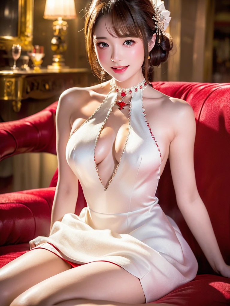 ((Highest quality)),(Ultra-high resolution),(Very detailed),(Detailed Description),((The best CG)),(masterpiece),Very detailedなアート、Small breasts、(((White dress with a plunging neckline 1.5)))、mini skirt、hair ornaments、Updo、Glitter Necklace、Ultimate Beauty 1.5、(((Sitting on the red sofa 1.5)))、Brown Hair、Smiling gently 1.2、、Different world、Adult Woman 1.4