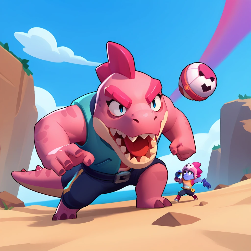 full view of a dinosaur, dark blue skin, pink scales, wearing a pink and white buoy, dinosaur animal, fight, brawl stars
