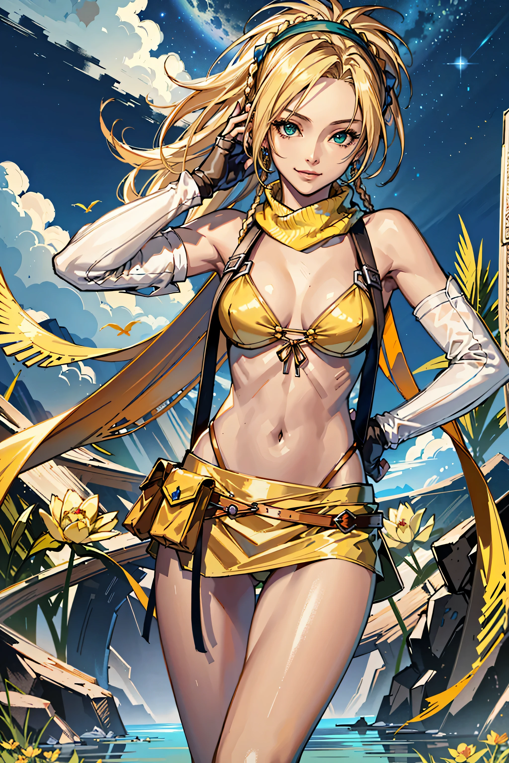 (masterpiece, highest quality:1.3)
backpack FF10,  1 girl, alone, long hair, chest, skirt, blonde hair, hair ornaments, gloves, belly button, green eyes, swimsuit, Braid, bikini, removed sleeve, miniskirt, fingerless gloves, scarf, head band, bird, bikini top only, @_@, yellow bikini, blue head band,super high quality,super high quality,masterpiece,digital single lens reflex,realistic,Detailed details,vivid details,depicted in detail,detailed face,Detailed details,Super detailed,realistic skin texture,based on anatomical basis,perfect anatomy,anatomically correct hand,anatomically correct fingers,Complex 3D rendering,sexy pose,beautiful yellow tulip field,Final Fantasy Worldview,Fantastic night view,fantastic night sky,beauty like a painting,smile,bewitching beauty,phantom river,