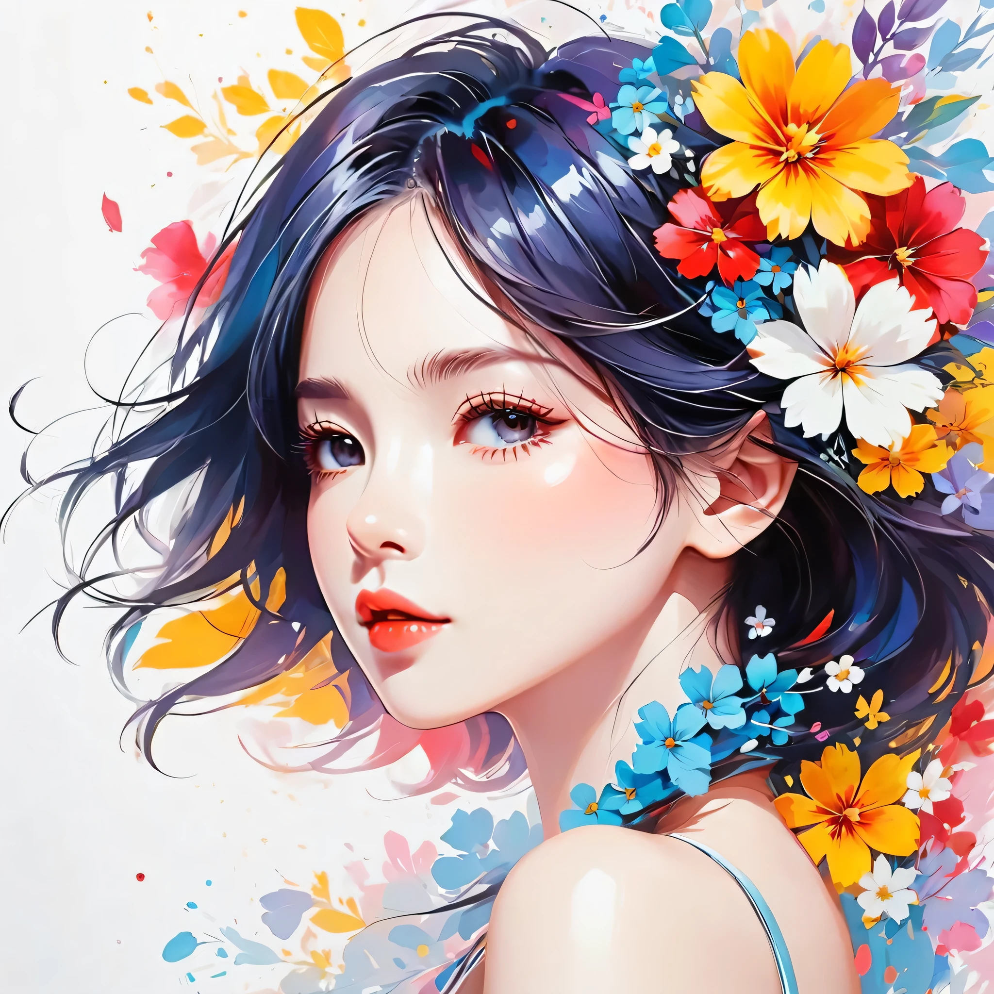 Mika Pikazo style, Simple Line Initialism,Abstract art,Urban Background, colorful flowers ,(((The most beautiful girl of all time))), Sweet face., Lips in love