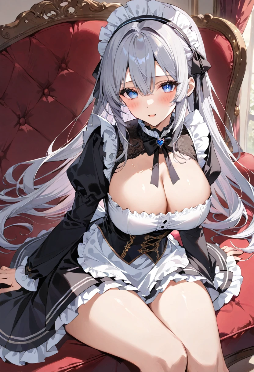 masterpiece, best quality, ultra detailed, detailed eyes, sparkling eyes, (large breasts), The image depicts an anime-style character with long, flowing silver hair and striking blue eyes. She is wearing a Victorian-inspired maid outfit that combines black and white elements. The outfit features a high-necked, ruffled blouse with long sleeves and black accents, including a corset-style bodice with decorative buttons. The chest of her dress has a hole in the shape of a heart, revealing her cleavage. The skirt is short and pleated, matching the white and black color scheme of the top. Her expression is gentle and slightly bashful, with a soft blush on her cheeks. The character is seated, and the background is softly blurred, focusing attention on her detailed attire and features. The overall aesthetic is elegant and refined, with a touch of classic maid-inspired fashion.