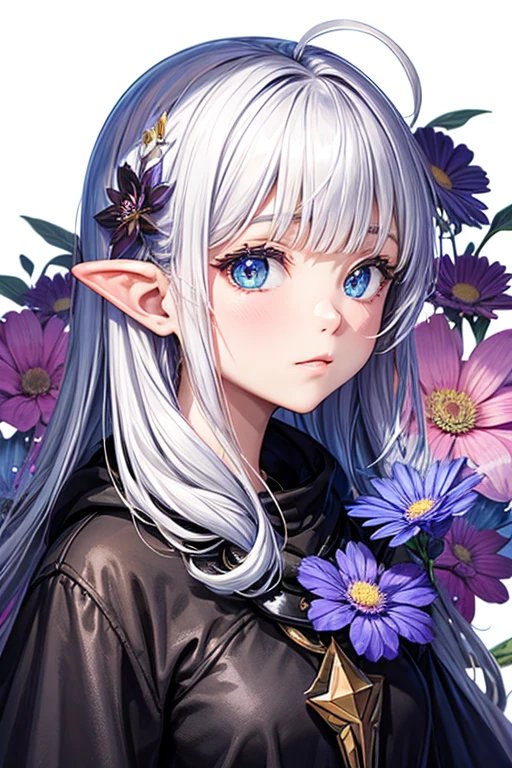 background galaxy,Portrait unicorn black, foreground flowers 