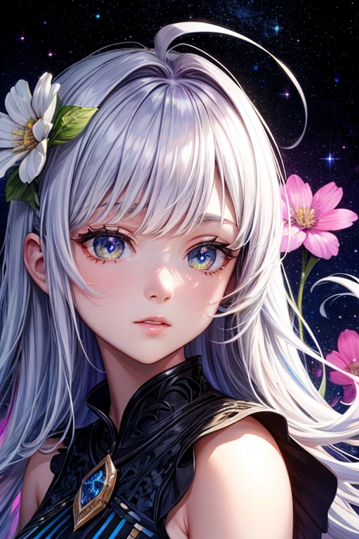 background galaxy,Portrait unicorn black, foreground flowers 