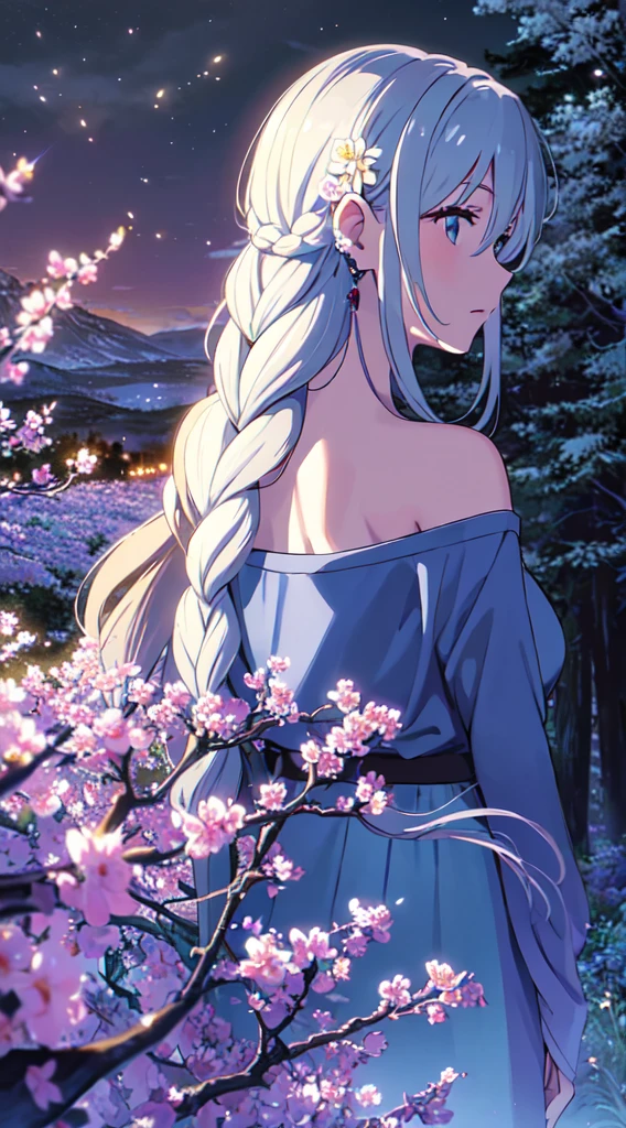 masterpiece, best quality, 1lady, solo, very long white hair, blowing hair, (flower hair ornament), (braided hair), earrings, behind view, back view, close up, night, fireflies, tree, mountain, dark, scenery, forest, fantasy, off shoulder blue dress