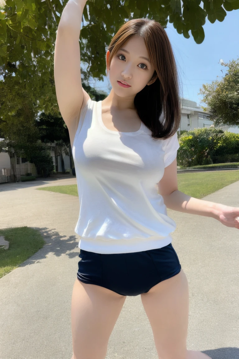 Very detailed CG Unity 8k 壁紙, Highest quality, Very detailed, masterpiece, Realistic, photo, Very detailed、Japanese women、pretty girl、22 years old、(((Wear white gym clothes、Black bloomers)))、Normal body type、(Large Breasts:1.8)、(Small bloomers:1.8)、Lips apart 22、(On the lawn of the square)、Short Bob Cut、Too bright natural light、Lips shining with lip gloss、Sparkling eyes, ((Are standing:1.0))、((Stand and spread your legs:0.5)) Open your mouth a little、Angle shot from a little below