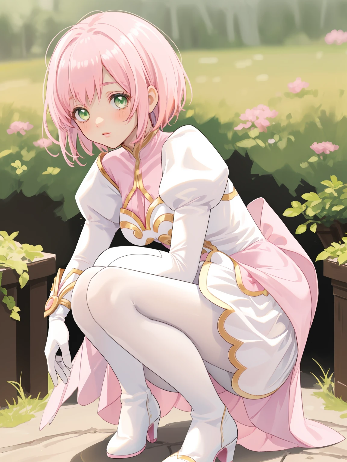 masterpiece, Highest quality, alone, One Girl,Estellise Sidos Heurassein, Pink Hair, short hair, Green Eyes, Small breasts, White and pink dress, Glamorous Dress, Pink collar, Pink Skirt, White boots, White gloves, (Black Pantyhose, Black legwear:1.1)whole body, Little:5, cute, (Beautifully detailed face), (Beautiful attention to detail), (Beautiful detailed hair), mini skirt, squatting, white panties, ass pov