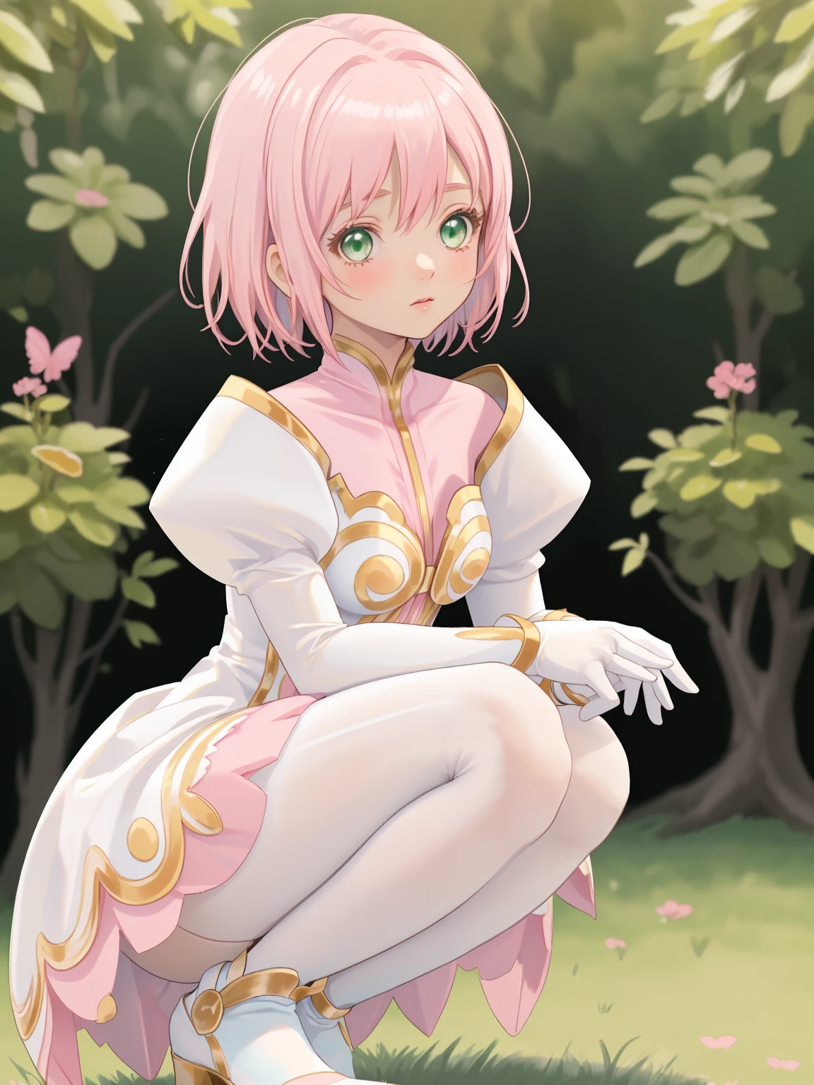 masterpiece, Highest quality, alone, One Girl,Estellise Sidos Heurassein, Pink Hair, short hair, Green Eyes, Small breasts, White and pink dress, Glamorous Dress, Pink collar, Pink Skirt, White boots, White gloves, (Black Pantyhose, Black legwear:1.1)whole body, Little:5, cute, (Beautifully detailed face), (Beautiful attention to detail), (Beautiful detailed hair), mini skirt, squatting, white panties, ass pov