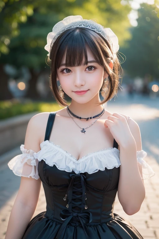 girl, White skin, Dark brown short tiered hair, V cut with layers and bangs, Brown eyes, Soft atmosphere characteristics (Highest quality, Ultra-high resolution, 8K, RAW Photos, Ultra-high resolution: 1.2, masterpiece: 1.3), (Realistic, Realistic: 1.37), Very detailed, Professional Lighting, Photon Mapping, Radio City, Physically Based Rendering, One Girl, high school girl, Sharp focus:1.2、Beautiful woman:1.4,cute, Nice, Adorable, smile, Normal chest, necklace、Gothic 、Lolitaon