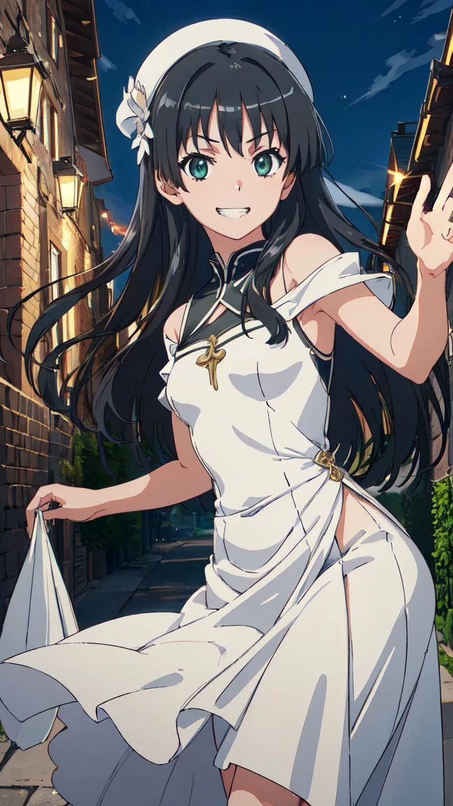 (High resolution:1.4), (masutepiece:1.2), (High quality:1.3) 1girl, saten ruiko, green eyes, long hair, black hair, small breast, A luxurious dress from medieval Europe, cinematic lighting, pov, grin, A medieval mansion, dynamic angle