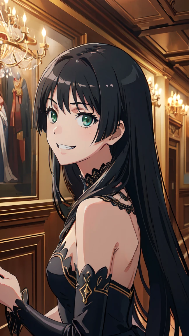  (High resolution:1.4), (masutepiece:1.2), (High quality:1.3) 1girl, saten ruiko, green eyes, long hair, black hair, small breast, A luxurious dress from medieval Europe,  cinematic lighting,  pov, grin, A medieval mansion, dynamic angle