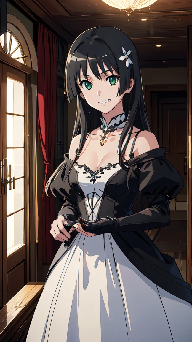 (High resolution:1.4), (masutepiece:1.2), (High quality:1.3) 1girl, saten ruiko, green eyes, long hair, black hair, small breast, A luxurious dress from medieval Europe, cinematic lighting, pov, grin, A medieval mansion, dynamic angle