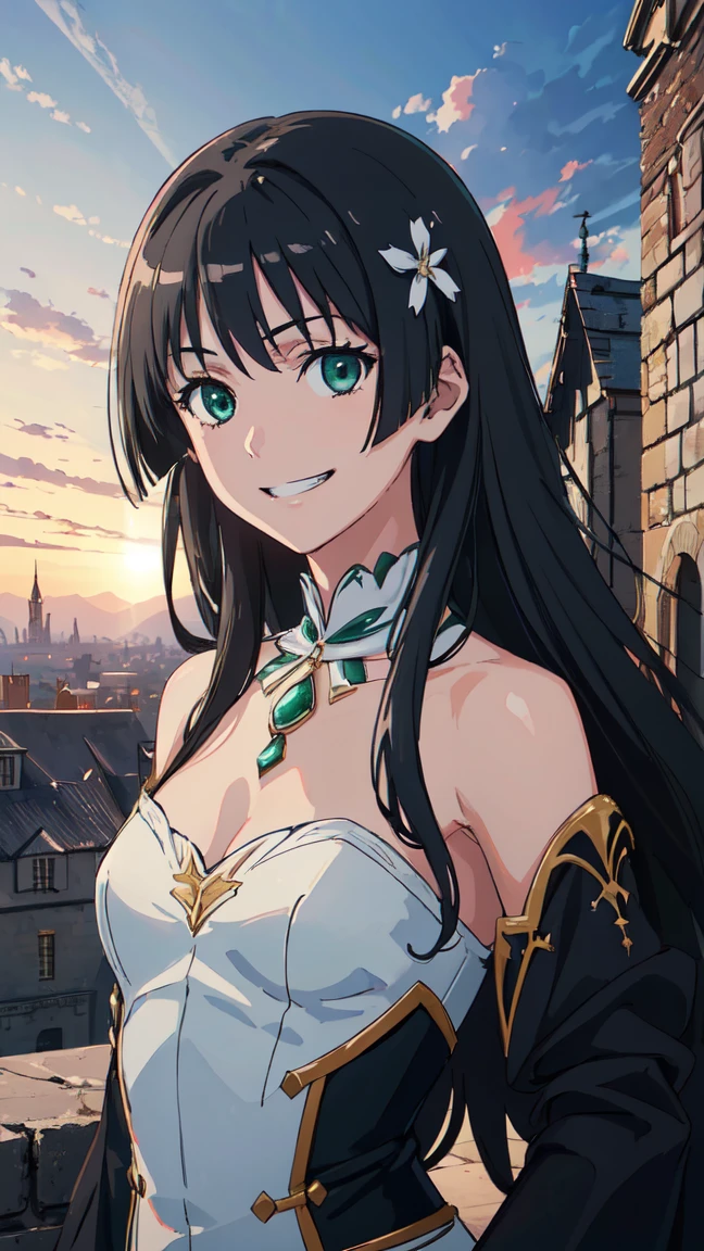  (High resolution:1.4), (masutepiece:1.2), (High quality:1.3) 1girl, saten ruiko, green eyes, long hair, black hair, small breast, A luxurious dress from medieval Europe,  cinematic lighting,  pov, grin, A medieval mansion, dynamic angle