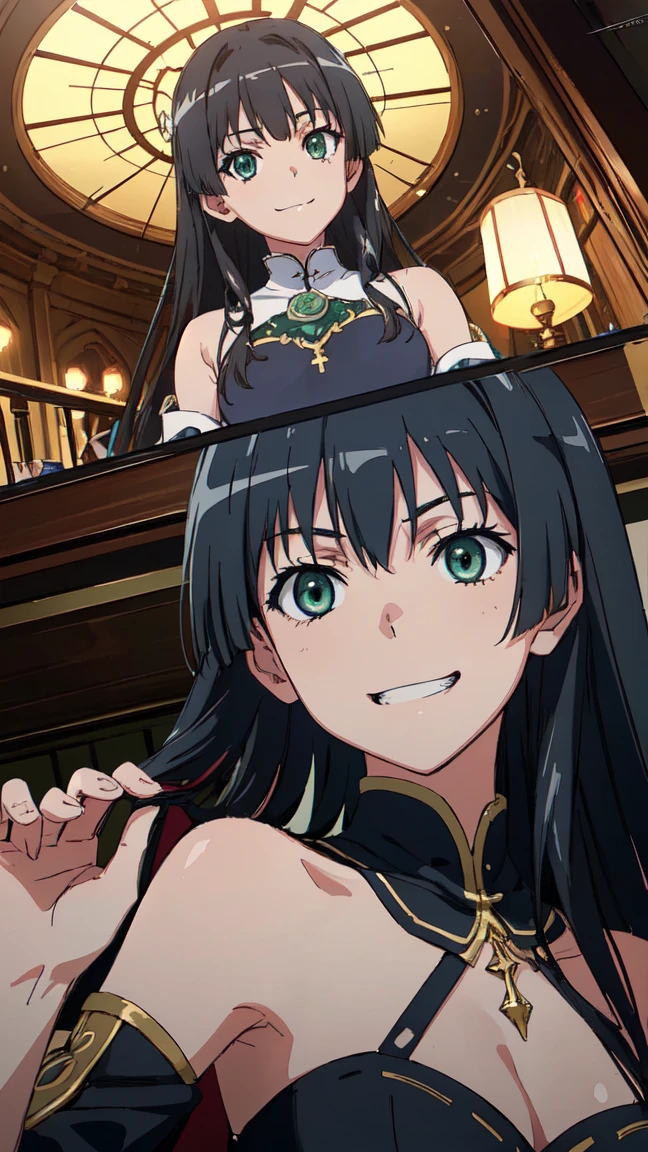  (High resolution:1.4), (masutepiece:1.2), (High quality:1.3) 1girl, saten ruiko, green eyes, long hair, black hair, small breast, A luxurious dress from medieval Europe,  cinematic lighting,  pov, grin, A medieval mansion, dynamic angle, nsfw