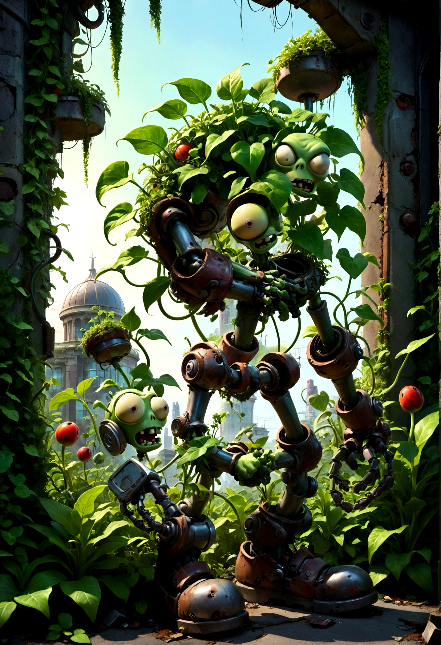 Plants vs. Zombies, detailed plants vs zombies, botanical garden, overgrown greenery, nature vs technology, vibrant colors, lush foliage, decaying ruins, post-apocalyptic, dark fantasy, cinematic lighting, dramatic shadows, highly detailed, intricate textures, 8k, masterpiece, best quality, very aesthetic, absurdres