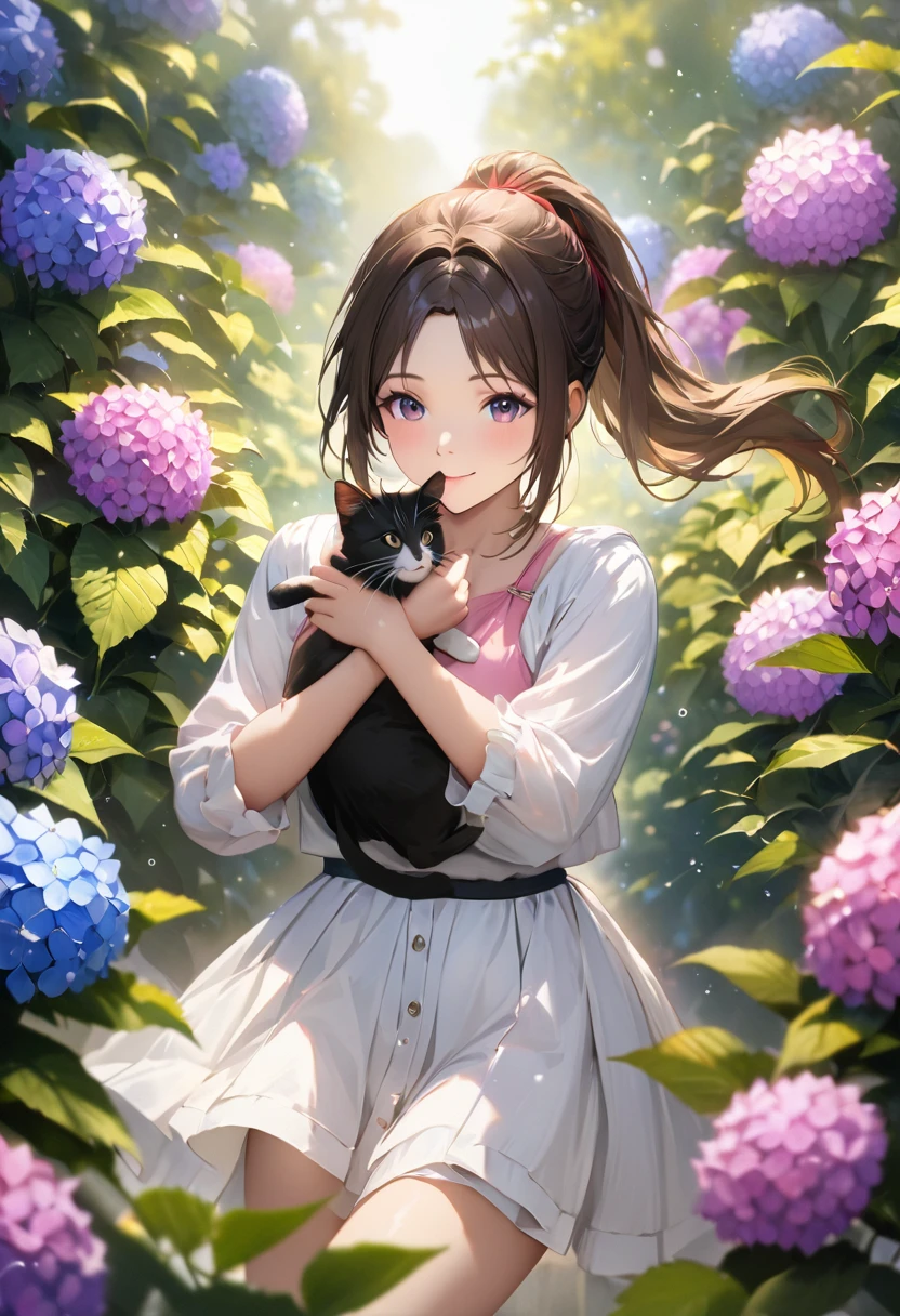 Hydrangea Park, Cute casual clothes,Holding a cat,Blur the background,high school girl,ponytail,smile,Glitter effect,Highest quality, 4K, 8K, High resolution, masterpiece:1.2, Very detailed, Realistic:1.37, High resolution, 超High resolution, Ultra-fine painting, Sharp focus, Physically Based Rendering, Very detailedな説明, Professional, Vibrant colors