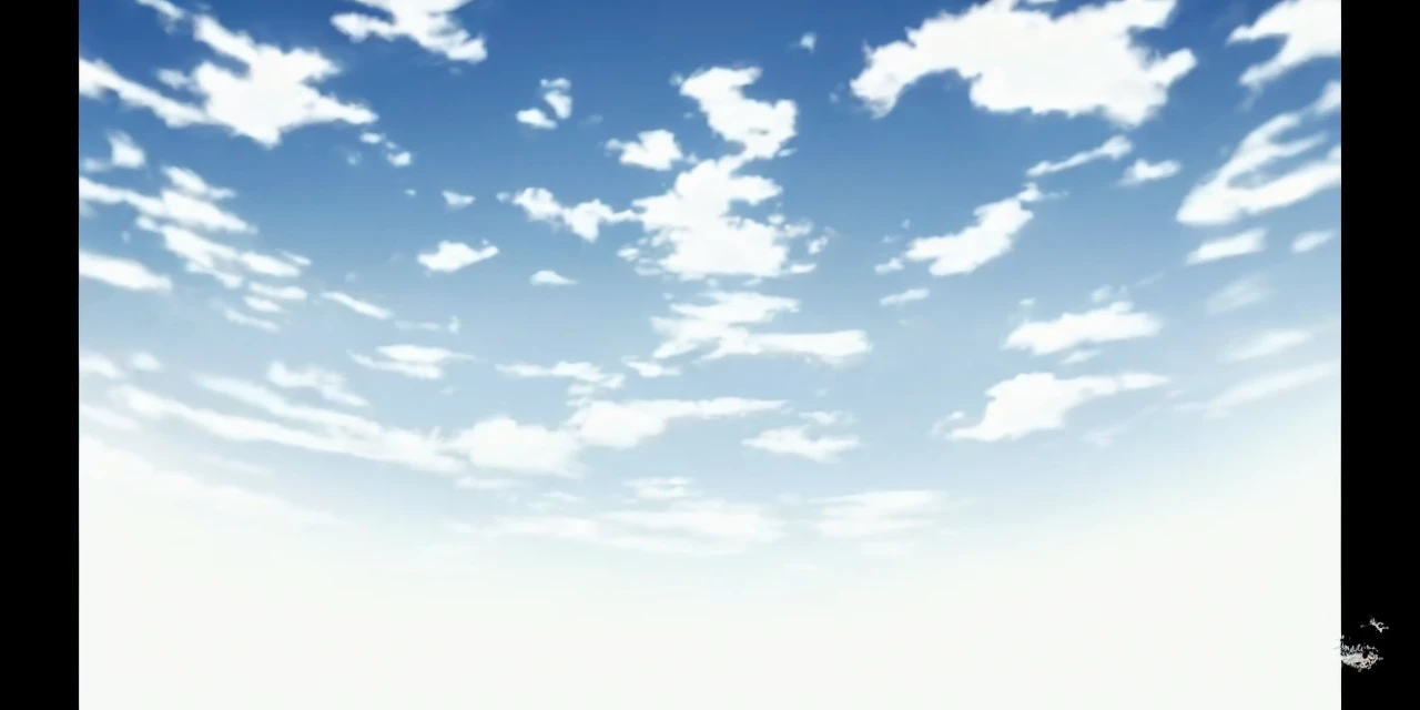 A clear, sunny sky, with a light blue gradient on the horizon intensifying to a deeper blue as it rises. Add scattered white clouds, in various ways, with smooth, irregular edges, distributed across the sky. Clouds should look natural and scattered, with some closer to the horizon and others more spread out high in the sky
