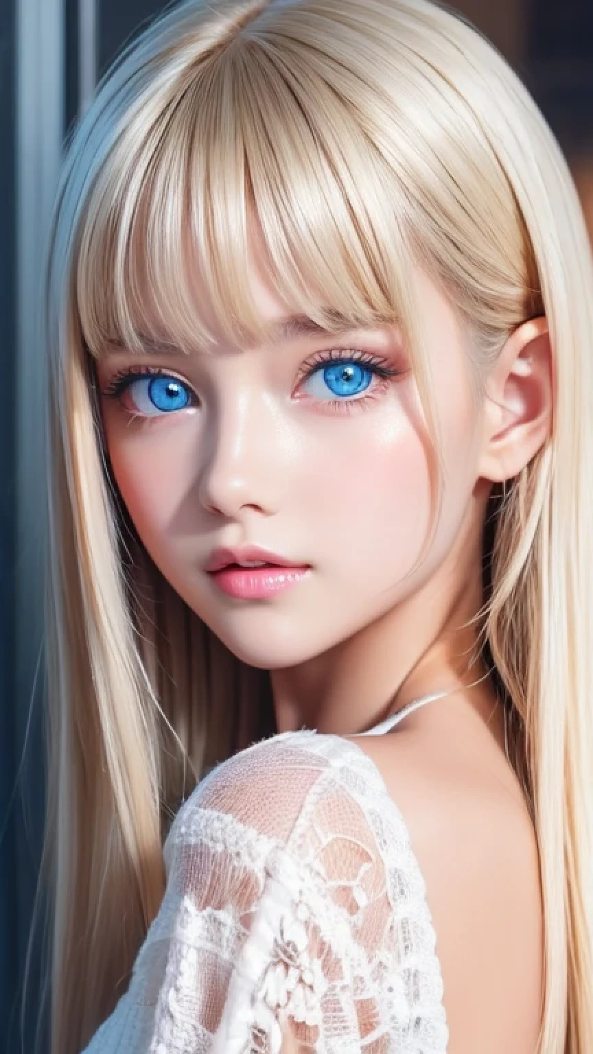 Highest quality、masterpiece、(Realistic:1.4)、One very beautiful blonde girl、Dazzlingly long, super long straight silky platinum blonde、Bangs between the eyes、bangs on the face、Big, very bright light blue eyes that shine so beautifully、Very big eyes、front、Detailed face、Beautiful Eyes、Very white, bright and beautiful skin、Small Face Beauty、14 year old beautiful girl、Cheek gloss highlighter、Round face