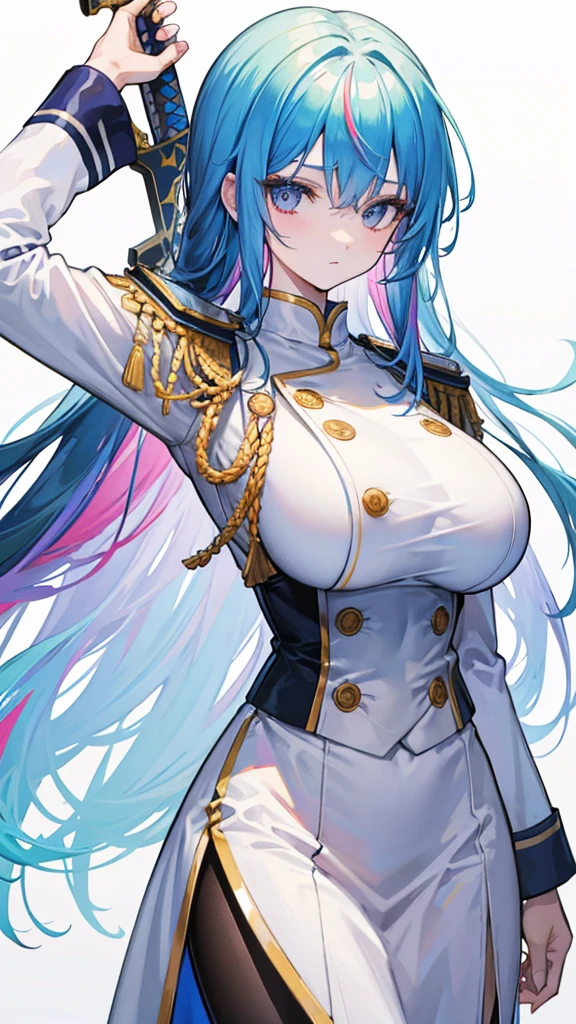 rainbow colored hair, expressionless, neat white uniform, Holding a huge sword in both hands, very large breasts