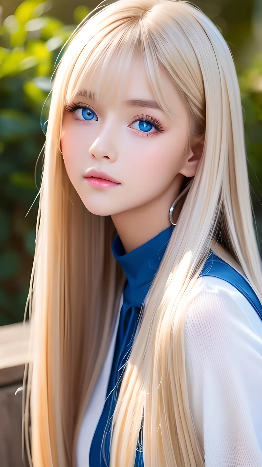 Highest quality、masterpiece、(Realistic:1.4)、One very beautiful blonde girl、Dazzlingly long, super long straight silky platinum blonde、Bangs between the eyes、bangs on the face、Big, very bright light blue eyes that shine so beautifully、Very big eyes、front、Detailed face、Beautiful Eyes、Very white, bright and beautiful skin、Small Face Beauty、14 year old beautiful girl、Cheek gloss highlighter、Round face