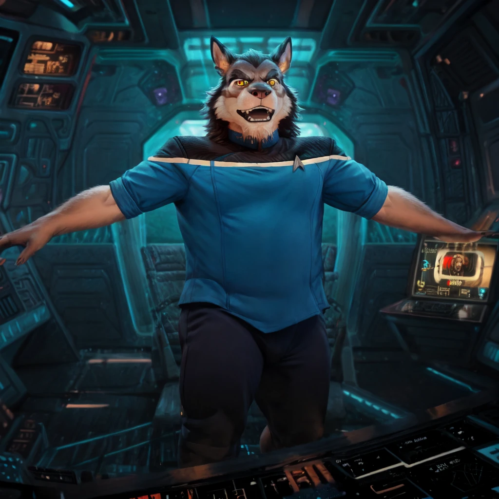 (((Barefoot furry character, full body, cinematic setting, furry male, plantigrade))) 
((Totoro)), studio ghibili, furry, big, fat, whiskers, grey skin, claws,
exudes confidence and authority on starship bridge, ((wears star trek lower decks uniform))), ((sttldunf star trek black and blue uniform)), long black pants, black shoulders, muscular figure, dynamic pose, action expression
((Bridge of starship with many screens and consoles)), futuristic look, metalic, bright colors
BREAK, intricate details, highly detailed, extreme detail, octane render, fine art, best quality, highres, (detailed face:1.5), ((full_body)), UHD, (((perfect hands))), ((low light:1.5))