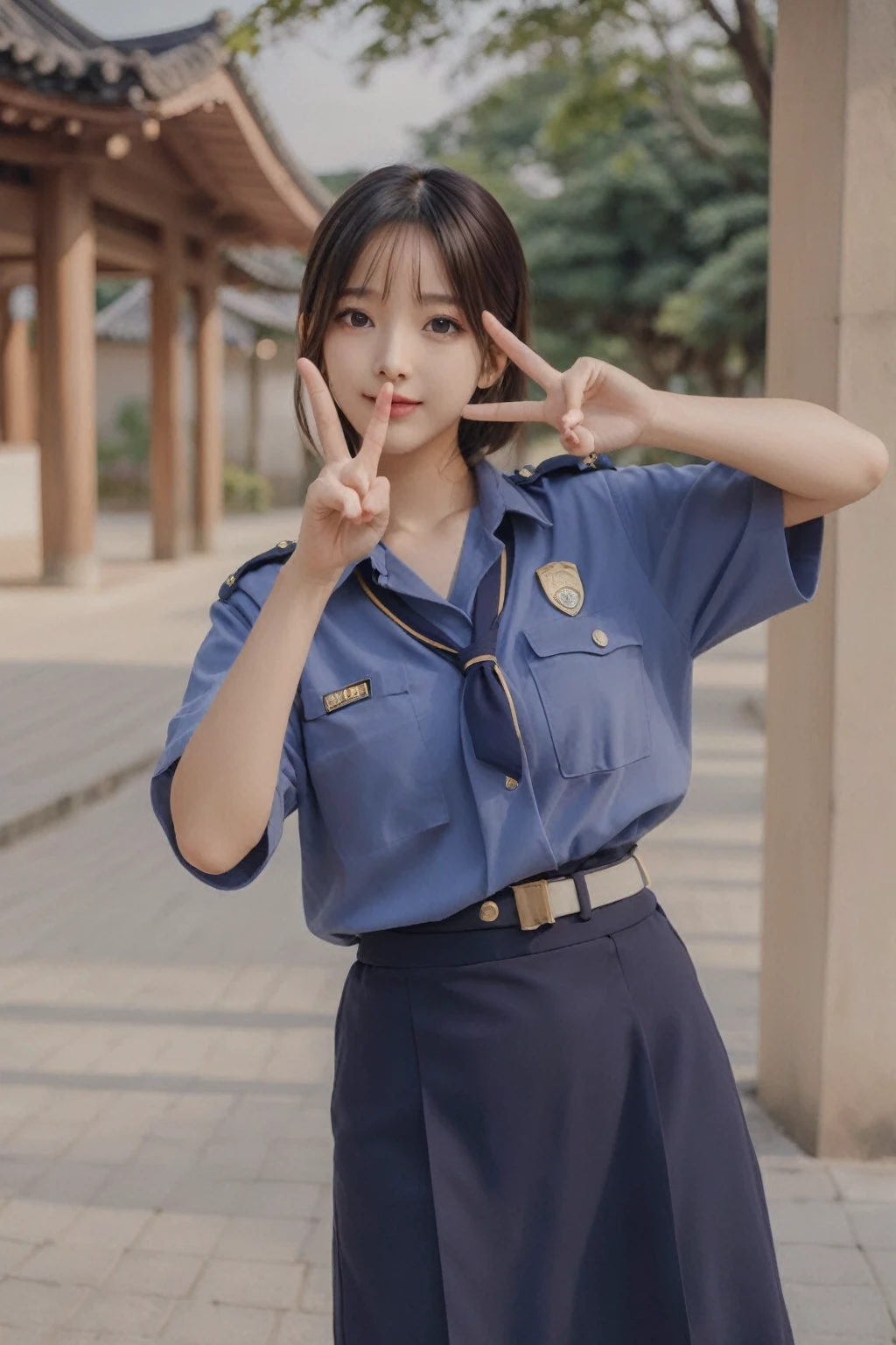 arafed woman in uniform making a peace sign with her hands, girl wearing uniform, jk uniform, blue uniform, wearing a , wearing , anime thai girl, jossi of blackpink, smooth in _ the background, anime girl in real life, wearing japanese , jisoo from blackpink, wearing a police uniform, ruan cute vtuber