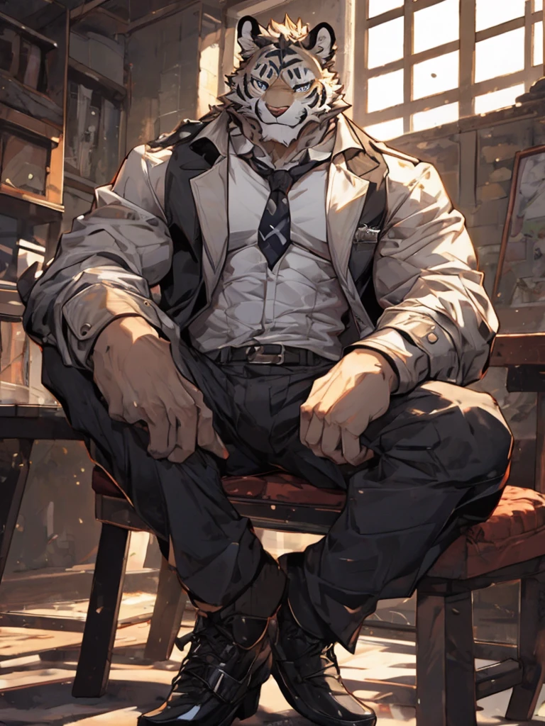{{bara extremely handsome white tiger,}} {{white fur,}} white, wearing ornate trench coat, trousers, white dress shirt and necktie, white fluffy furry body and limbs, loafers, very tall, very broad shoulders, narrow waist, muscular arms, massive pecs, purple eyes, very long legs, sitting on swivel chair with legs spread, from below perspective, massive bulge, sophisticated hot look, sexy pose, full body, sunlight casting over, 3/4 view, best quality, high quality, silver earring on left ear, sultry smirk
