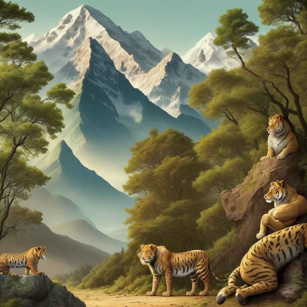 A big forest there is tiger, eliphant, cheetah, lion,green graps,back ground is beutiful mountain,lion sitting a big rock, lion left side is a small group of fox