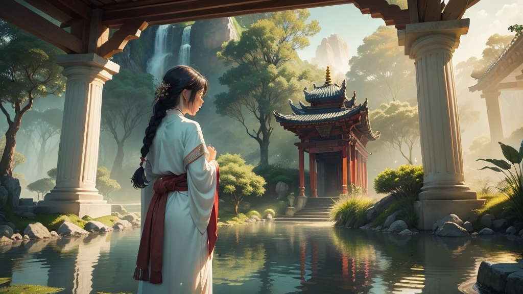 Create a captivating and visually stunning cover for a video with ambient music. The cover should be a masterpiece that not only attracts attention but also tells an intriguing story. The scene features a girl with a long braid, dressed in traditional oriental clothes, shown in full length from a distance. She stands gracefully, looking towards the horizon, evoking a sense of peace and contemplation. In the background, a serene temple rises majestically, surrounded by lush greenery and natural beauty. A calm body of water reflects the temple and the surrounding nature, enhancing the tranquil atmosphere. The soft, ambient light bathes the scene in a mystical glow, creating an ethereal and inviting mood. The composition should be designed to be highly clickable, drawing viewers in with its enchanting and serene visual narrative, promising a visually and emotionally engaging experience that will captivate millions of YouTube viewers