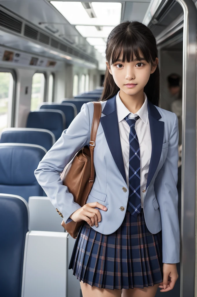 Navy Blue Blazer,Dark blue plaid pleated skirt,tie,,high school girl,Black Hair,bangs,Straight hair,ponytail,Dark Eyes,Small face,Young Face,Clean your eyes,Small Mouth,Showing teeth,thin,Young Face,,Flat Chest,Flat Chest,Flat Chest,Flat Chest,on the train,Realistic photos,8K,smile,White teeth,Ultra HD,Standing posture,whole body,rucksack,