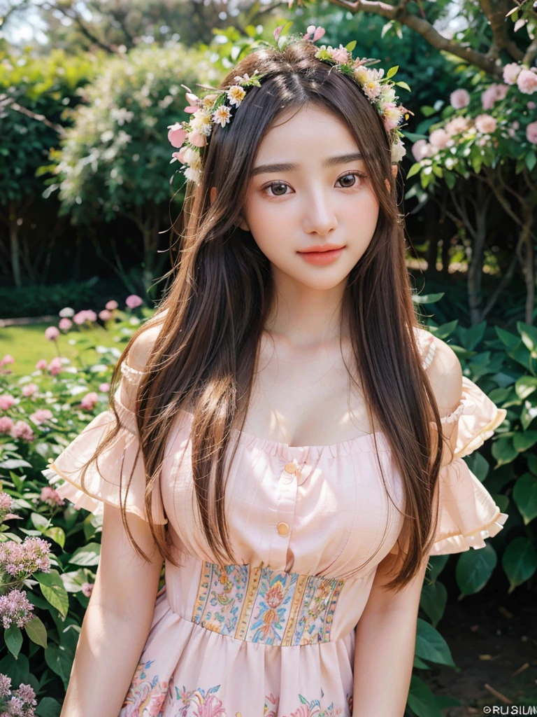 a beautiful 20 year old girl, long flowing hair, big round eyes, small nose, full lips, delicate facial features, elegant Multi Pastel Color versace dress, serene expression, standing in a lush garden, sunlight filtering through the trees, flowers blooming all around, birds singing, cinematic lighting, vibrant colors, intricate details, photorealistic, (best quality, 4k, 8k, highres, masterpiece:1.2), ultra-detailed, (realistic, photorealistic, photo-realistic:1.37), detailed eyes, detailed lips, extremely detailed face, long eyelashes, elegant pose, dreamy atmosphere, natural environment, vibrant colors, warm lighting