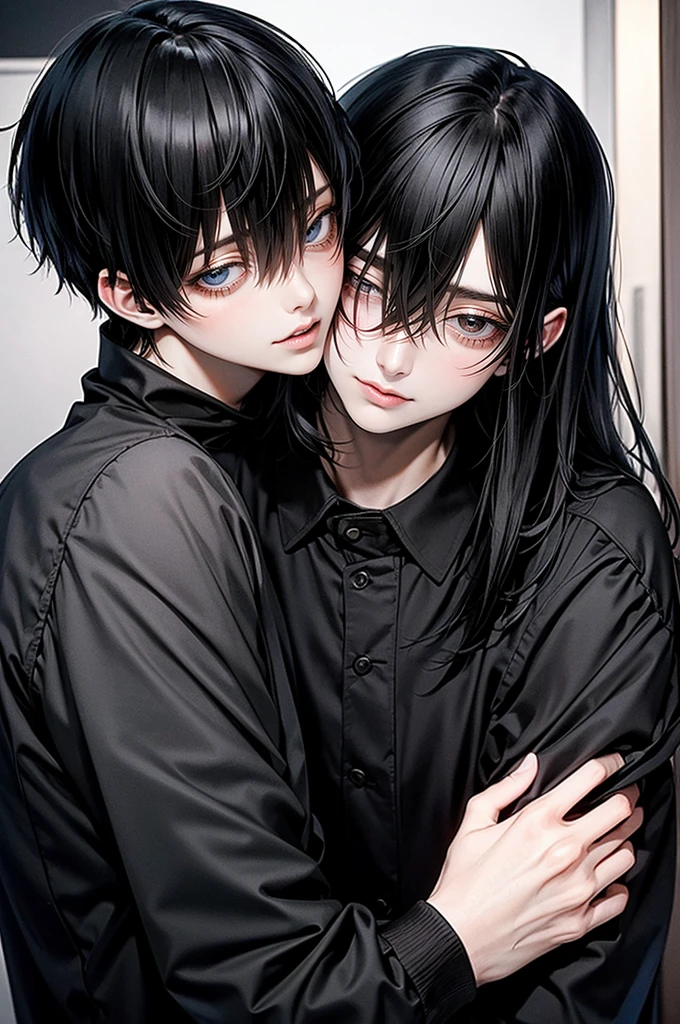 (Mastepiece),two men of different heighten and little men、long Black-haired man and short Black-haired man、Man hugging each other、A detailed face、Happy expression on face、Lovers、Boys Love,bedroom background 