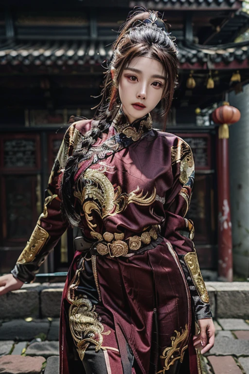 realistic, red cloth, exquisite face, braid, Full show, Gold Embroidery， black embroidered gold， high ponytail， depth of field, high resolution, 1 woman, hips up, beautiful eyes, white hair, long hair, big eyes, Chinese clothes, Fei Yu