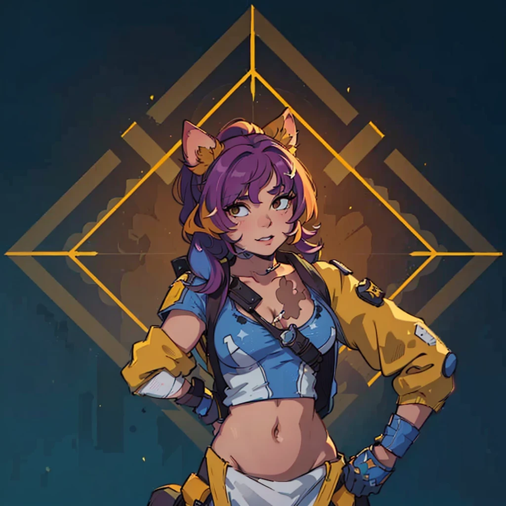 A closeup of a person in a cat costume, Loba Andrade, her clothing has a kind of yellow color and is showing her cleavage and her chest, He is raising his left arm over his head and his right arm is resting on his waist., apex legends, Apex Legends character, in the style of apex legends, inspired by Jules Chéret, apex legends portrait, valuing character, there is mystery, arcane faux pas portrait, as supervisory character, Starfinder Style, Official character art, 2D anime style, anime, cute anime. 